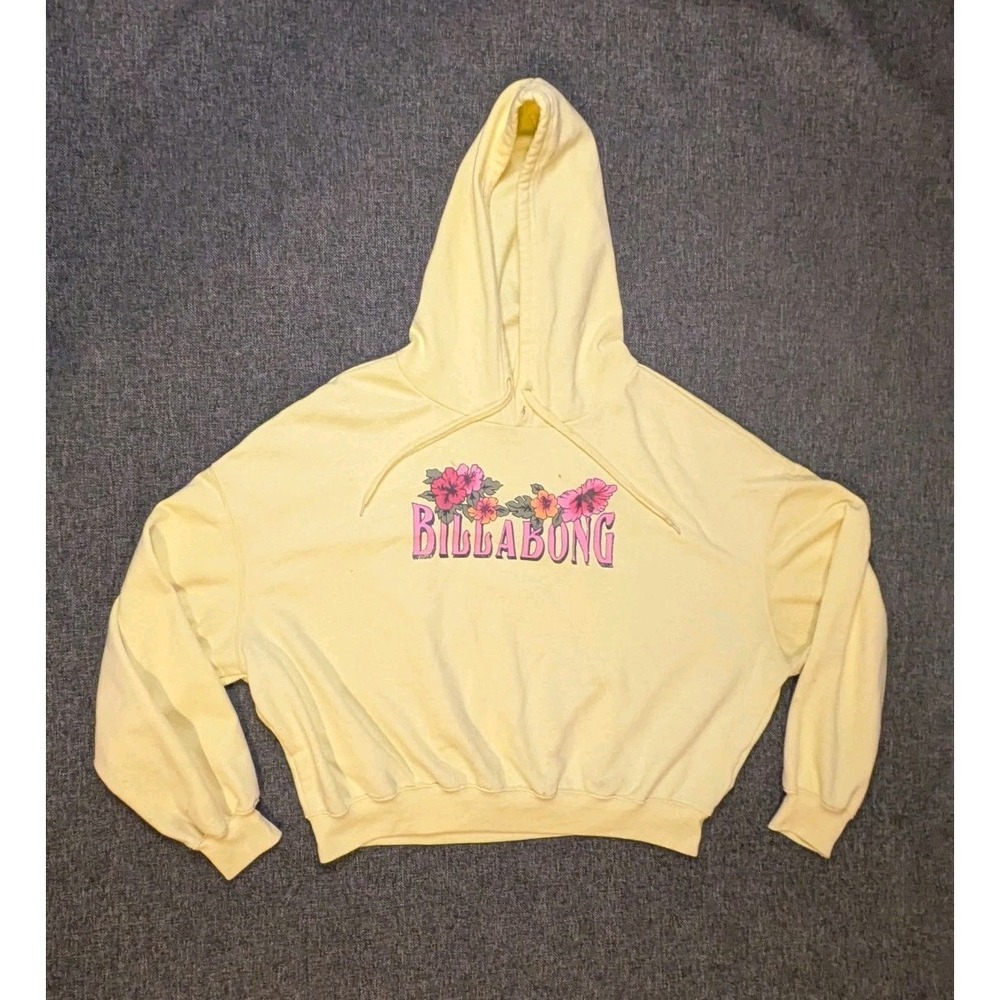 Billabong Cropped Floral Hawaiian Hoodie Womens XL Yellow Cotton Palm Tree Logo